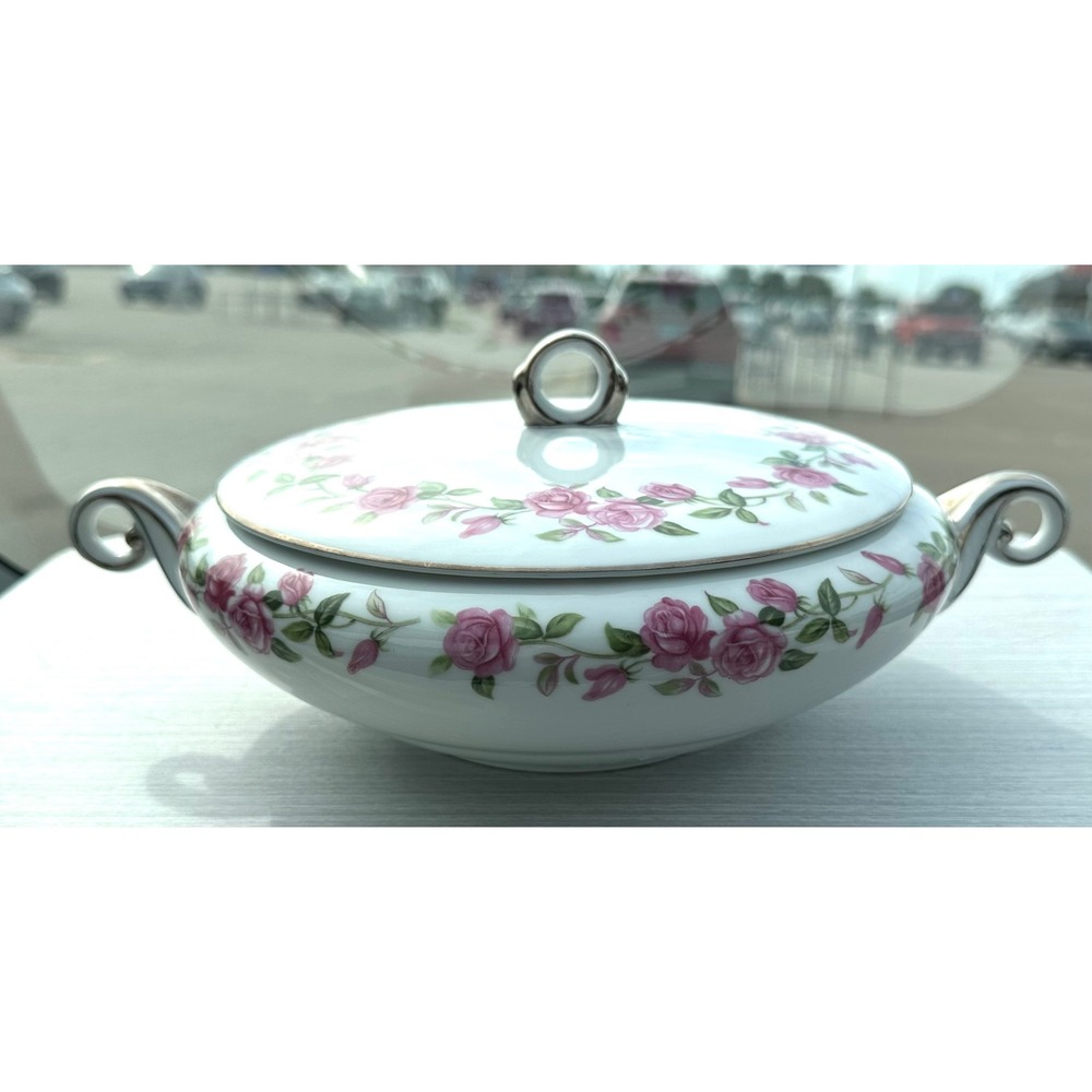Imported Ancestral Rambler Fine China Lidded Vegetable Bowl Pink Rose Japan